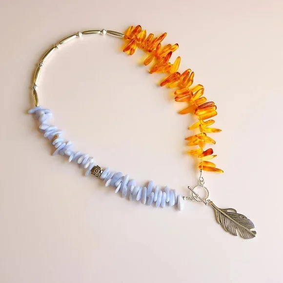 Amber & Agate Feather Pendant Necklace - Picture 6 of 10